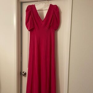 Banana Republic Hot Pink V-Neck Maxi Dress with Puff Sleeves
